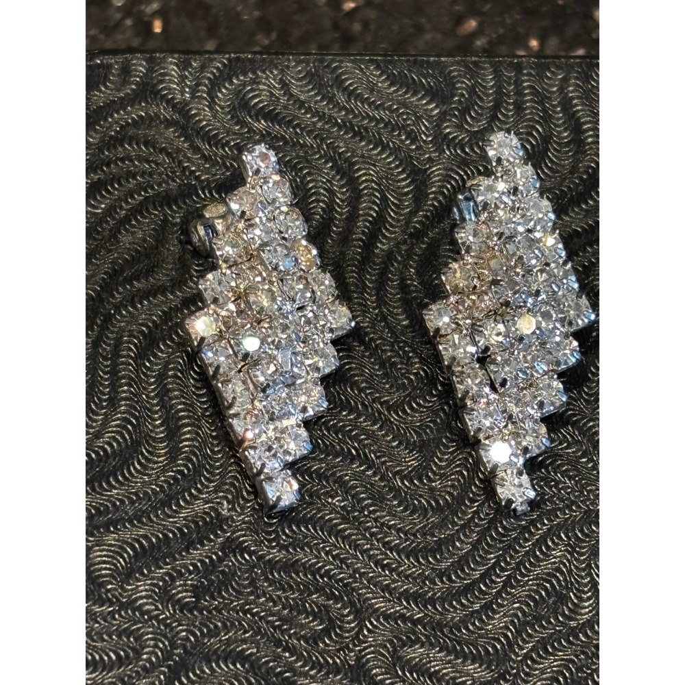 Vintage Rhinestone Clip On Earrings Silver Tone Geometric Tiered Statement